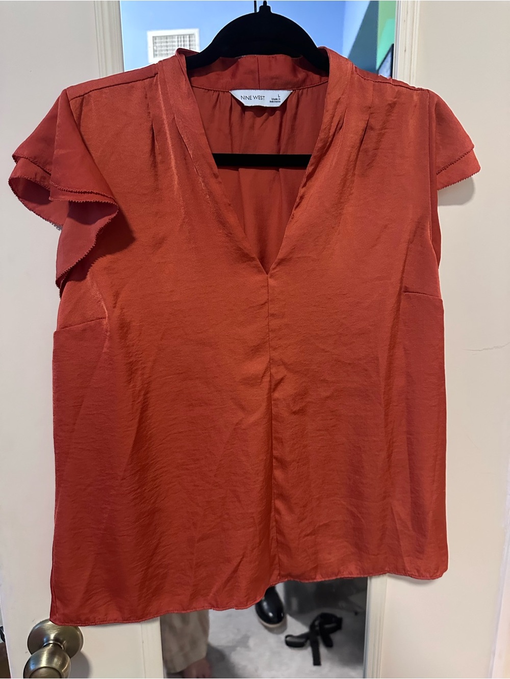 Nine West Rust Orange V-Neck Flutter Sleeve Blouse